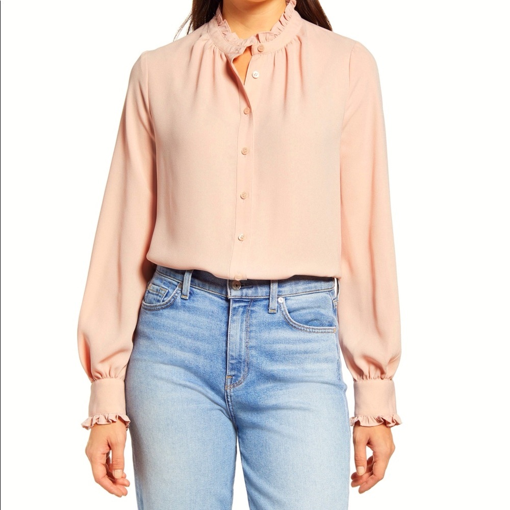 HALOGEN Ruffle Button Front Blouse In Pink Smoke